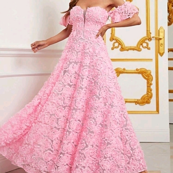 PINK PARTY PUFF SLEEVE,  FLORAL, off the shoulder,  Contrast Mesh, a lin… - Picture 2 of 9